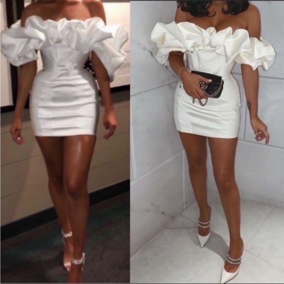 House of CB ‘Selena’ Ivory Satin Ruffle Strapless Mini Dress NWT - Picture 6 of 12